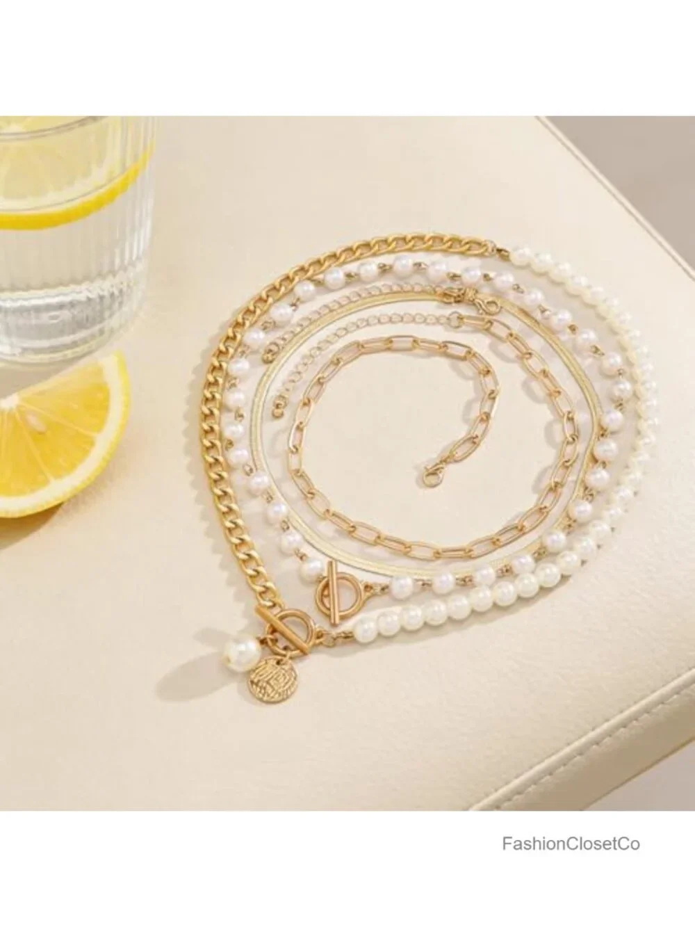 Layered Chunky Gold Necklace Set Paperclip Pearl Herringbone Women Jewelry Gift
